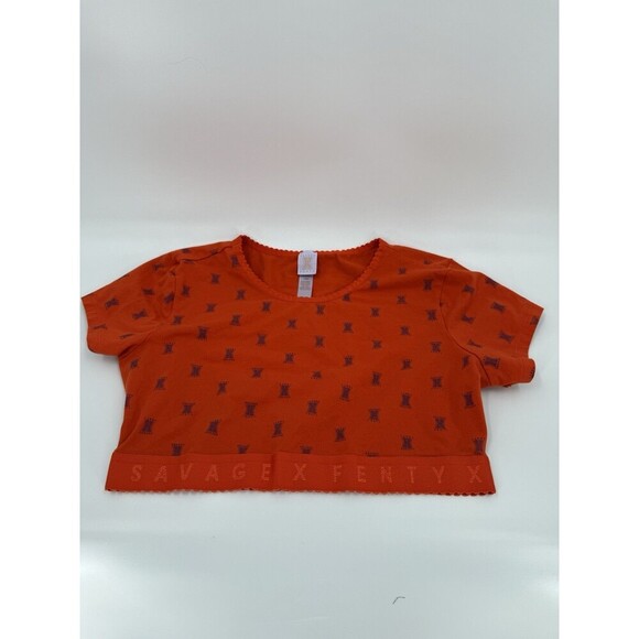 Savage X Fenty Women Top Large Orange Jersey Crop Top Logo AOP Short Sleeve - Picture 1 of 11